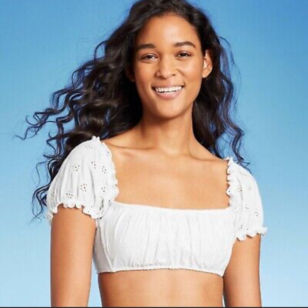 Wild Fable Womens Puff Sleeve Eyelette Bralette Bikini White Top PID-W9Y350 1X